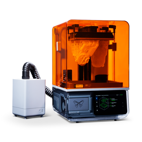Formlabs Form Studio 3D Printer with optional VOC extractor and printed part in printer