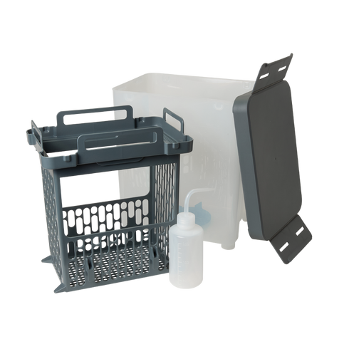 Rinse bucket for Form Studio Wash+Cure with parts baskets and solvent squeeze bottle.