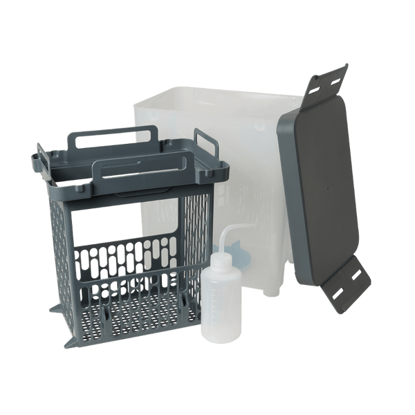 Rinse bucket for Form Studio Wash+Cure with parts baskets and solvent squeeze bottle.